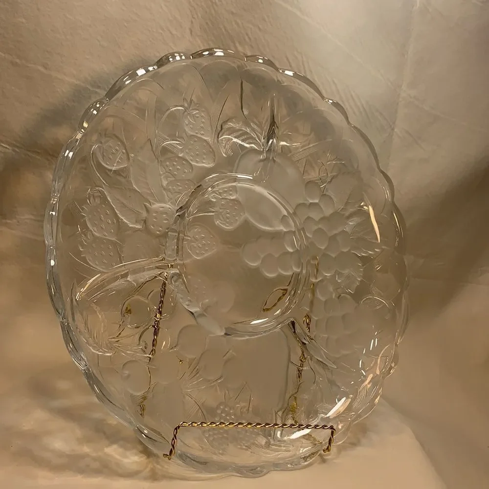 WPLJ Fruit Delight Crystal 14 Inch Divided Frosted Glass Platter Chip Dip Set